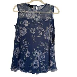 NWT AB Studio Womens Summer Blouse Small Blue Floral Sheer Business Casual Flowy